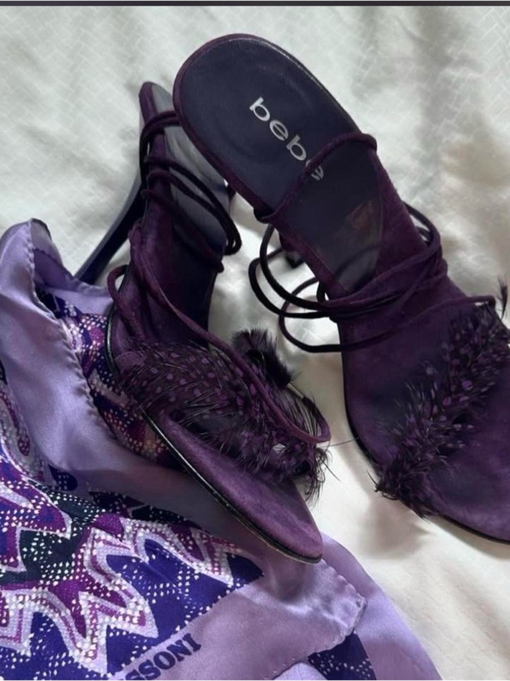 bebe Purple Feather Lace-Up Mules